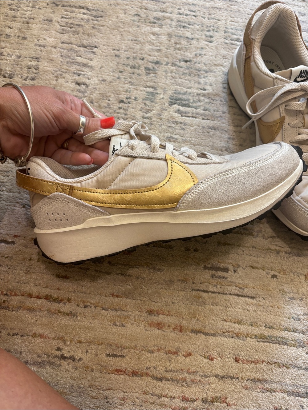 Nike Women's Beige Sneakers with Gold Swoosh Accent - Picture 2 of 6